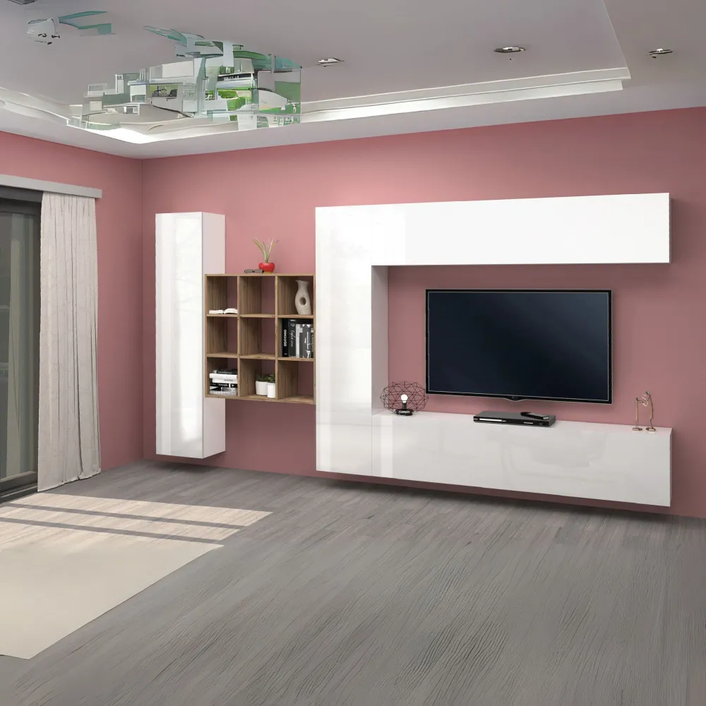 Parete Attrezzata 350x30x180 cm Bianco Laccato Lucido con Design Moderno per Zona Giorno - York