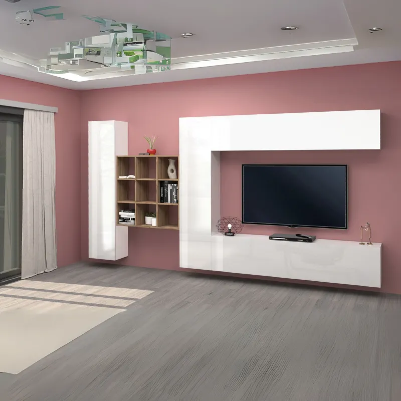 Parete Attrezzata 350x30x180 cm Bianco Laccato Lucido con Design Moderno per Zona Giorno - York