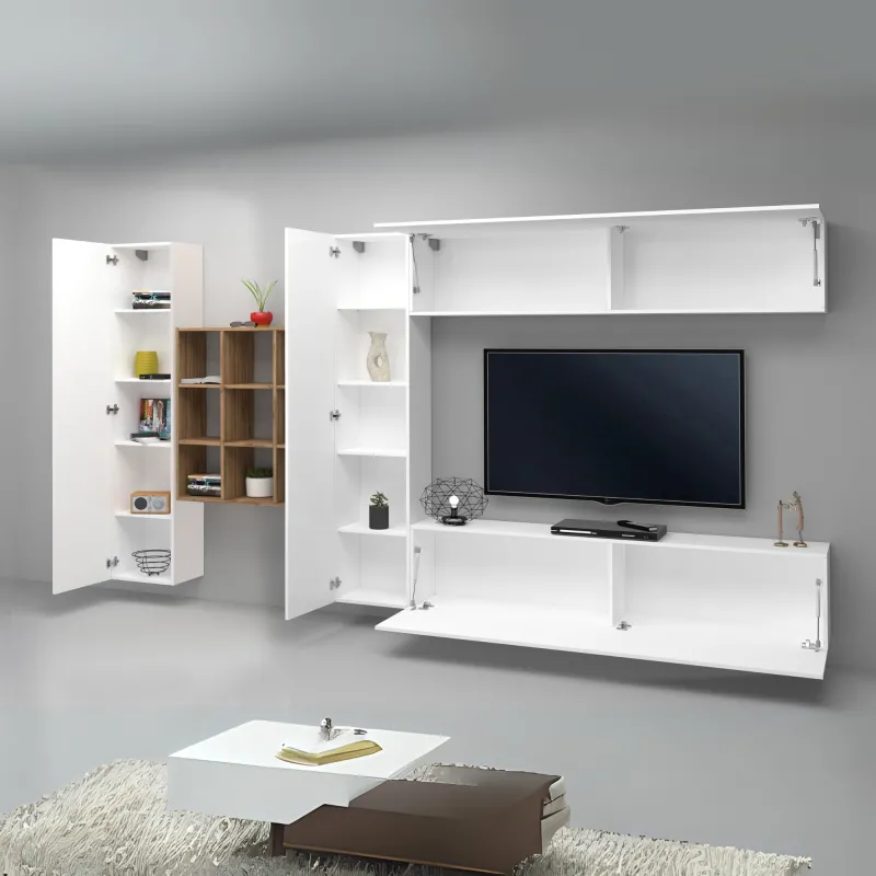 Parete Attrezzata 350x30x180 cm Bianco Laccato Lucido con Design Moderno per Zona Giorno - York