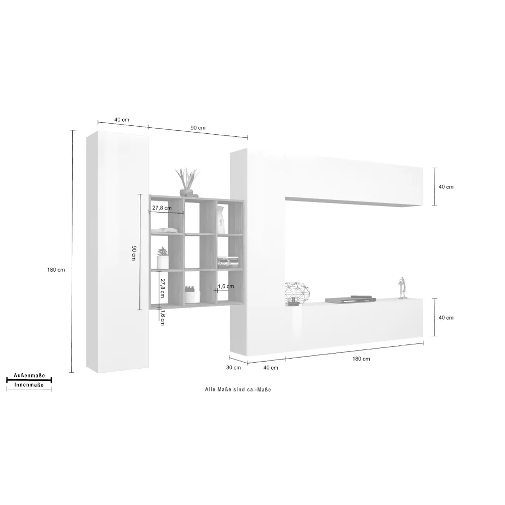 Parete Attrezzata 350x30x180 cm Bianco Laccato Lucido con Design Moderno per Zona Giorno - York