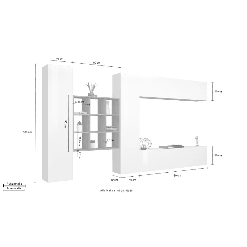 Parete Attrezzata 350x30x180 cm Bianco Laccato Lucido con Design Moderno per Zona Giorno - York