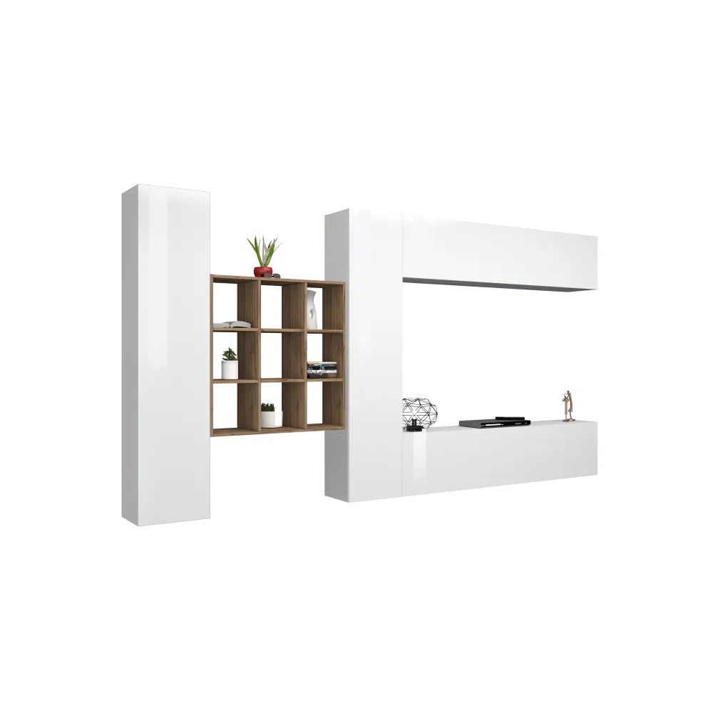 Parete Attrezzata 350x30x180 cm Bianco Laccato Lucido con Design Moderno per Zona Giorno - York