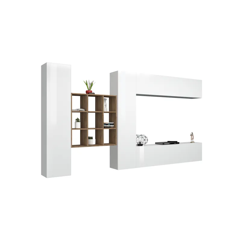Parete Attrezzata 350x30x180 cm Bianco Laccato Lucido con Design Moderno per Zona Giorno - York