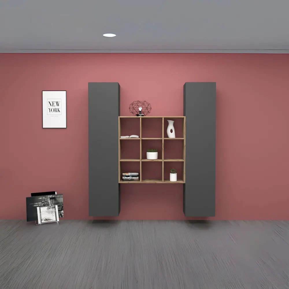 Parete Attrezzata Zona Giorno L.170xP.30xH.180 cm Antracite Opaco con Design Moderno - York 2