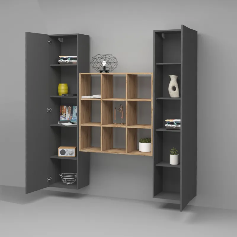 Parete Attrezzata Zona Giorno L.170xP.30xH.180 cm Antracite Opaco con Design Moderno - York