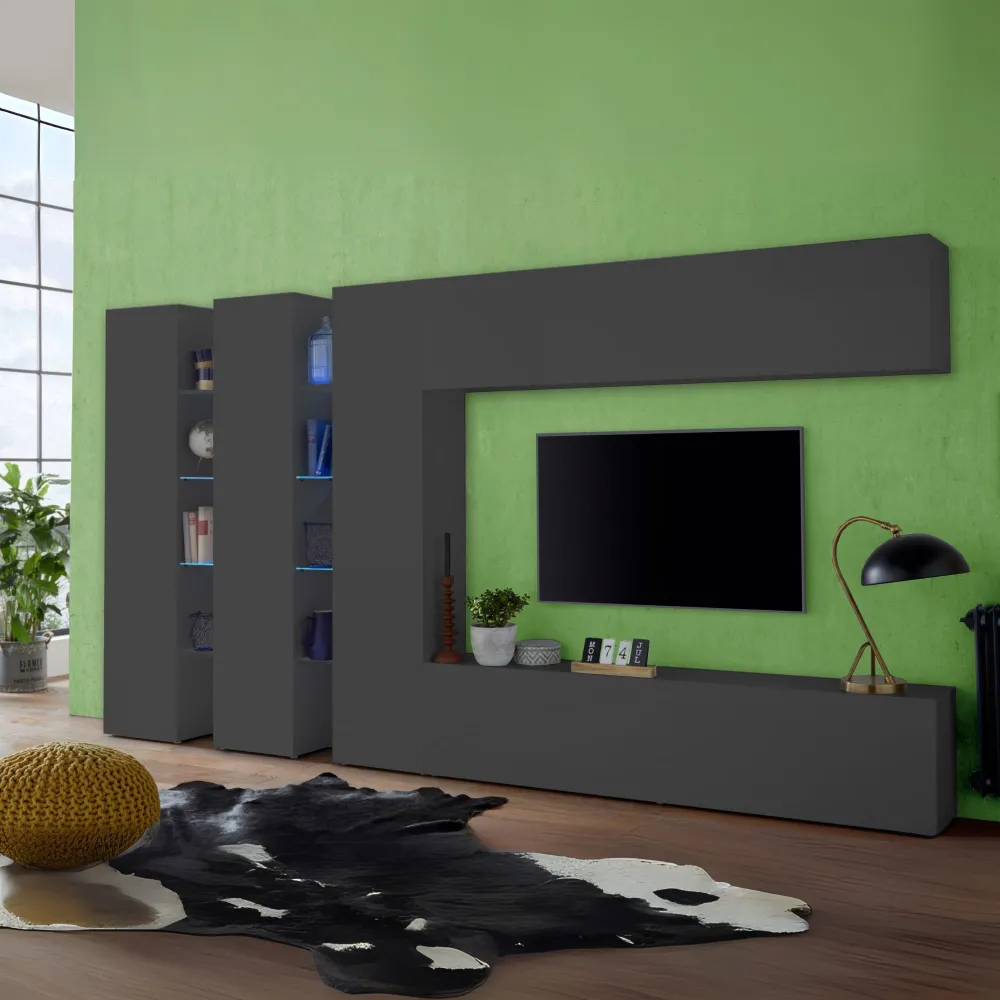 Parete Attrezzata Zona Giorno 340x30x180 cm Antracite Opaco con Design Moderno - York