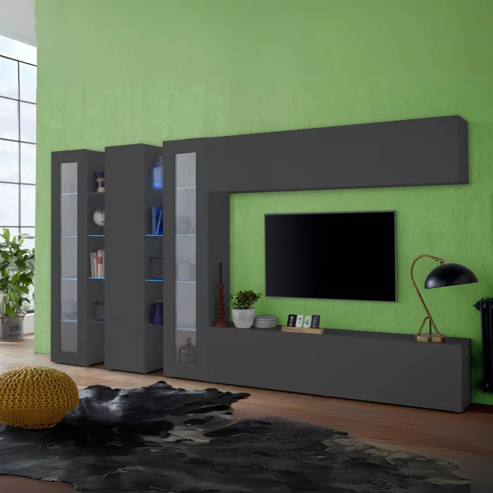 Parete Attrezzata Zona Giorno 340x30x180 cm Antracite Opaco con Design Moderno - York