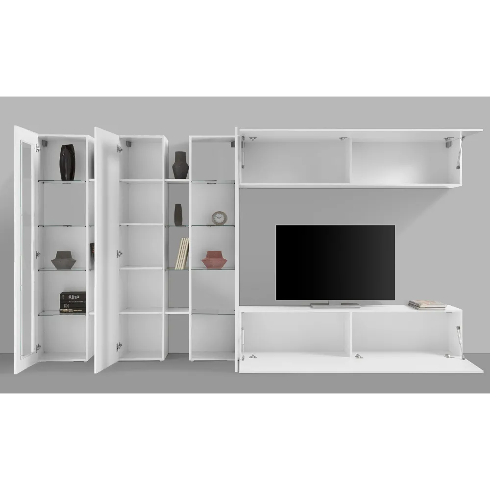 Parete Attrezzata 340x30x180 cm Bianco Laccato Lucido con Design Moderno per Zona Giorno - York