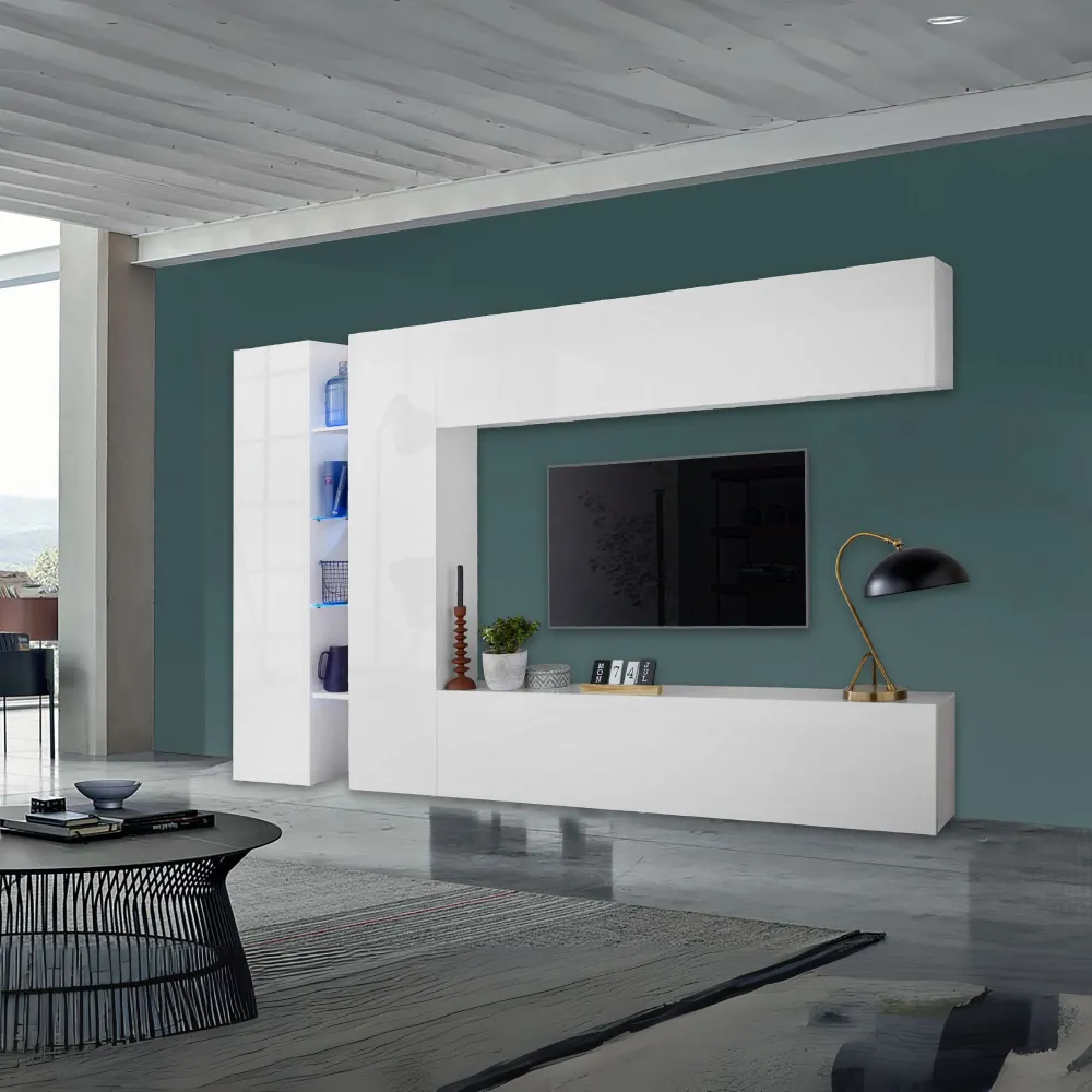 Parete Attrezzata L.280xP.30xH.180 cm Bianco Laccato Lucido - Design Moderno per Zona Giorno - York