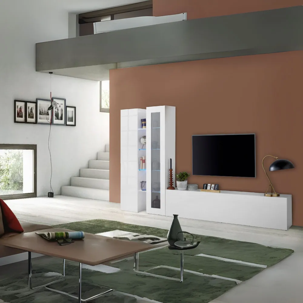 Parete Attrezzata 280x30x180 cm Bianco Laccato Lucido con Design Moderno per Zona Giorno - York