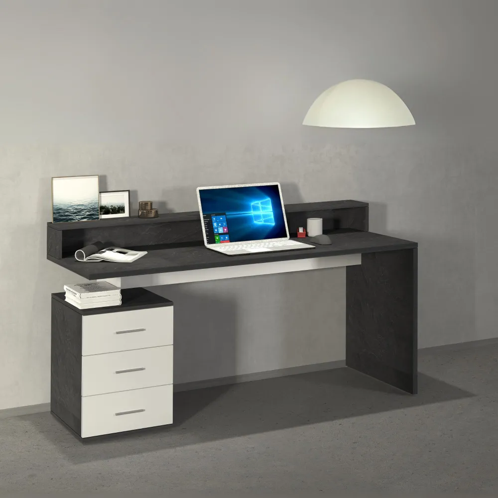 Scrivania Ufficio 160x60x90 cm Bianco Laccato Lucido con Ripiano Report - New Luna 2