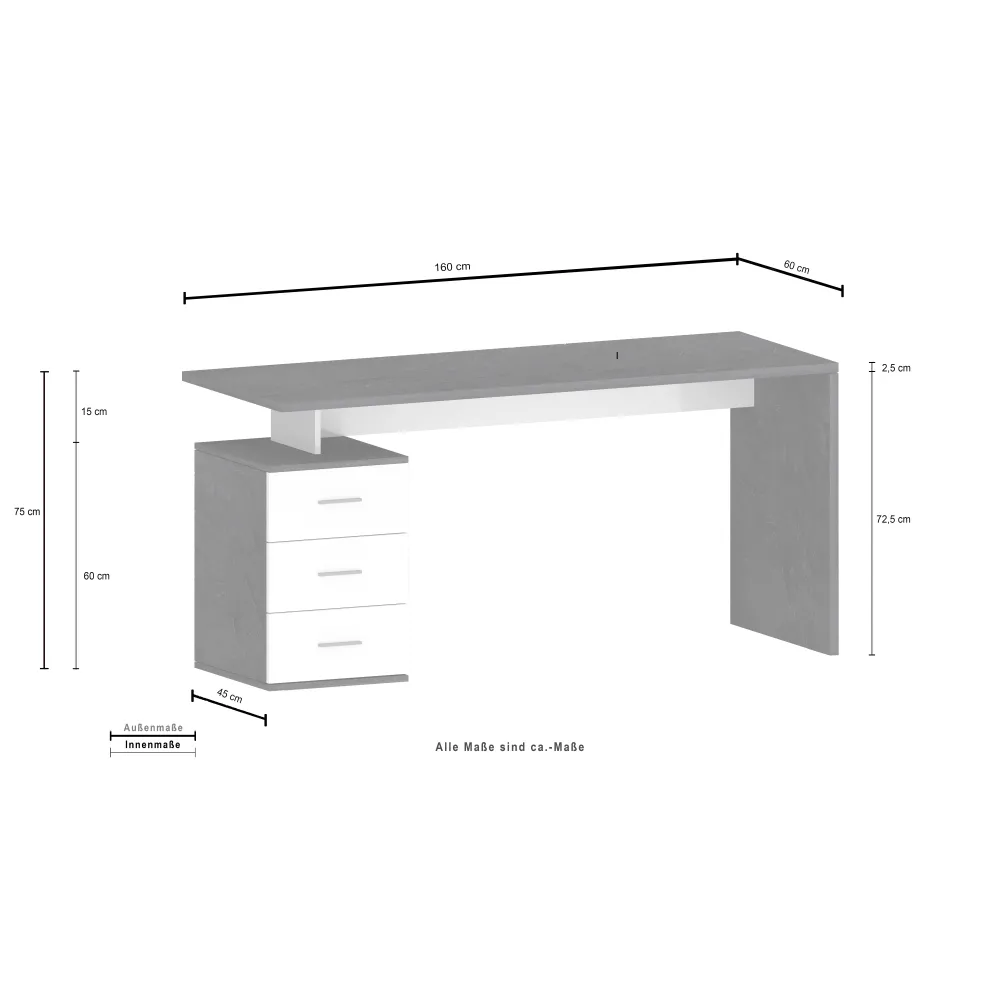 Scrivania Ufficio 160x60x75 cm Bianco Laccato Lucido con Ripiano Report Elegante - New Luna