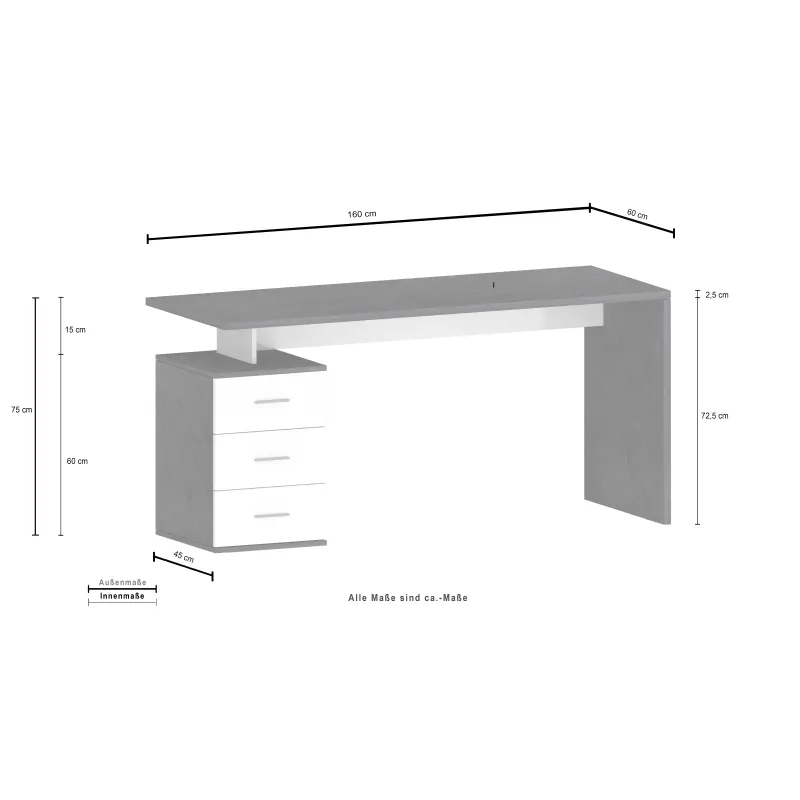Scrivania Ufficio 160x60x75 cm Bianco Laccato Lucido con Ripiano Report Elegante - New Luna