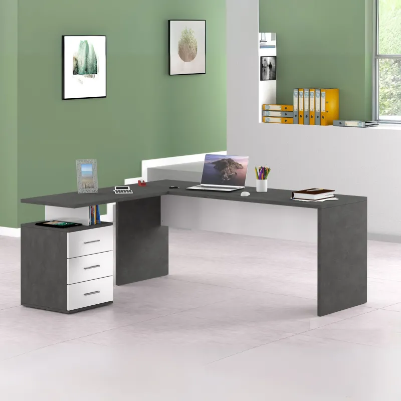 Scrivania Ufficio 180x60x75 cm Bianco Laccato Lucido con Ripiano Report Elegante - New Luna