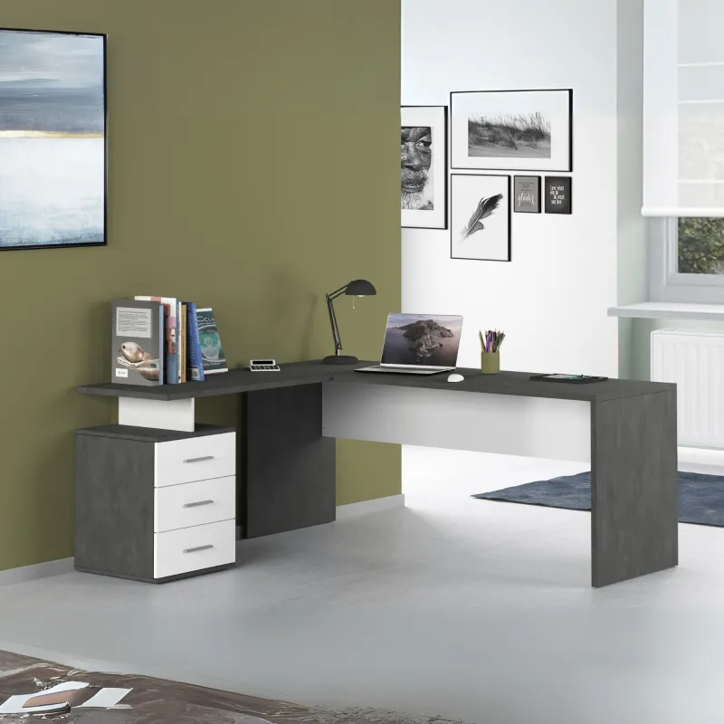 Scrivania Ufficio 180x60x75 cm Bianco Laccato Lucido con Ripiano Report Elegante - New Luna