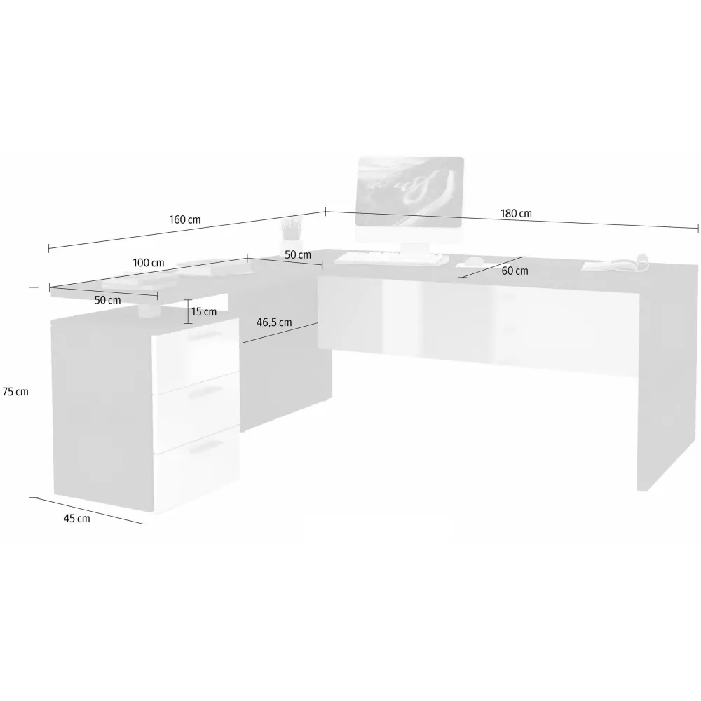 Scrivania Ufficio 180x60x75 cm Bianco Laccato Lucido con Ripiano Report Elegante - New Luna
