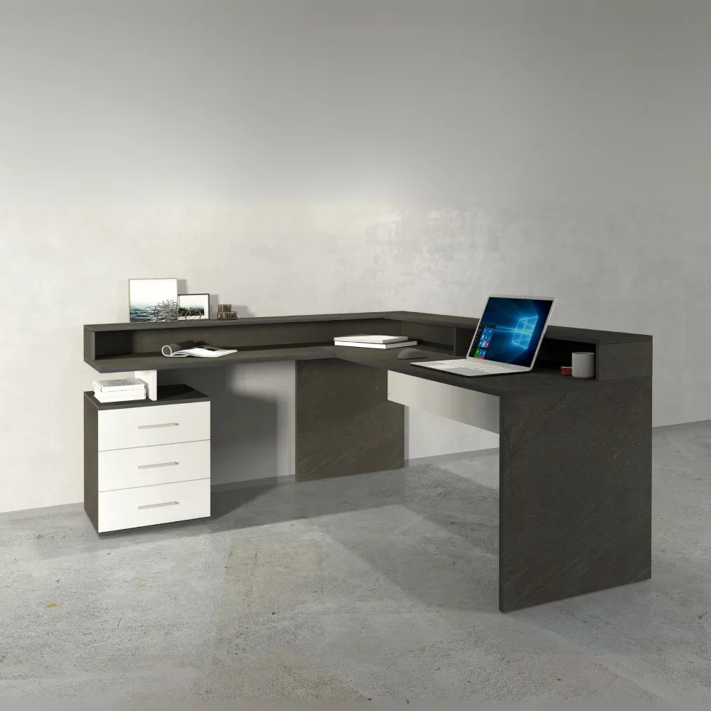 Scrivania Ufficio 160x60x90 cm Bianco Laccato Lucido con Ripiano Report - New Luna 2