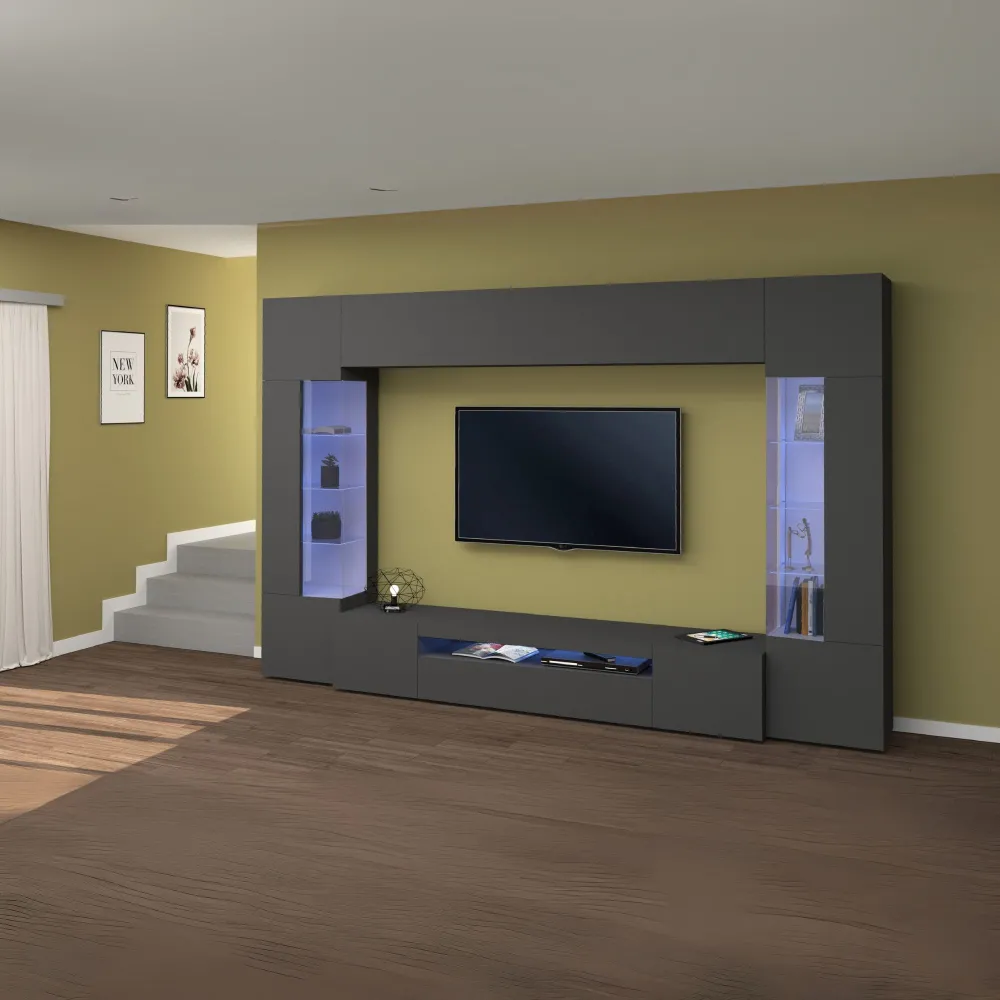 Parete Attrezzata Zona Giorno L.290 cm Antracite Opaco con Design Moderno - Tunisy