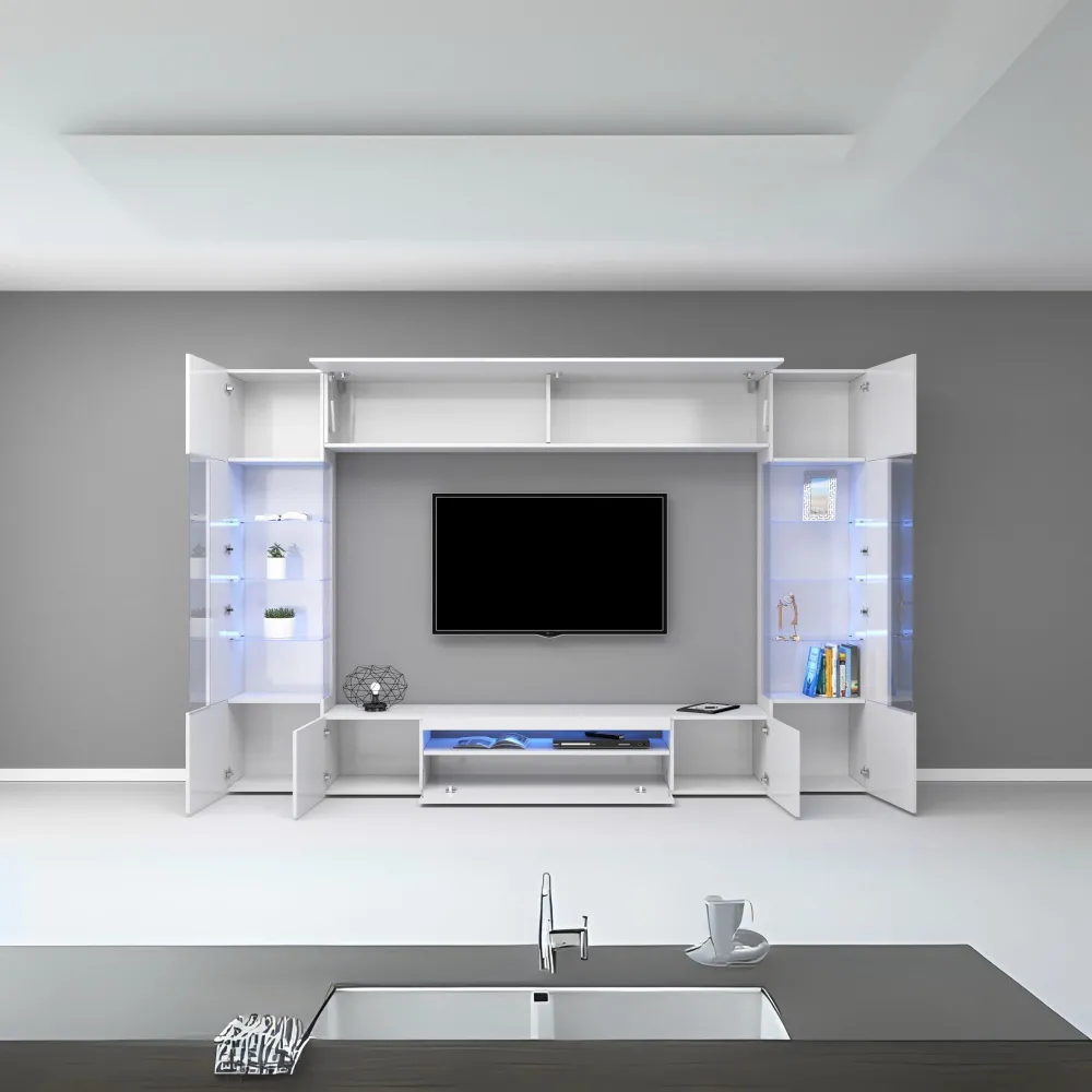 Parete Attrezzata 290x40x190 cm Bianco Laccato Lucido con Design Moderno per Zona Giorno - Tunisy