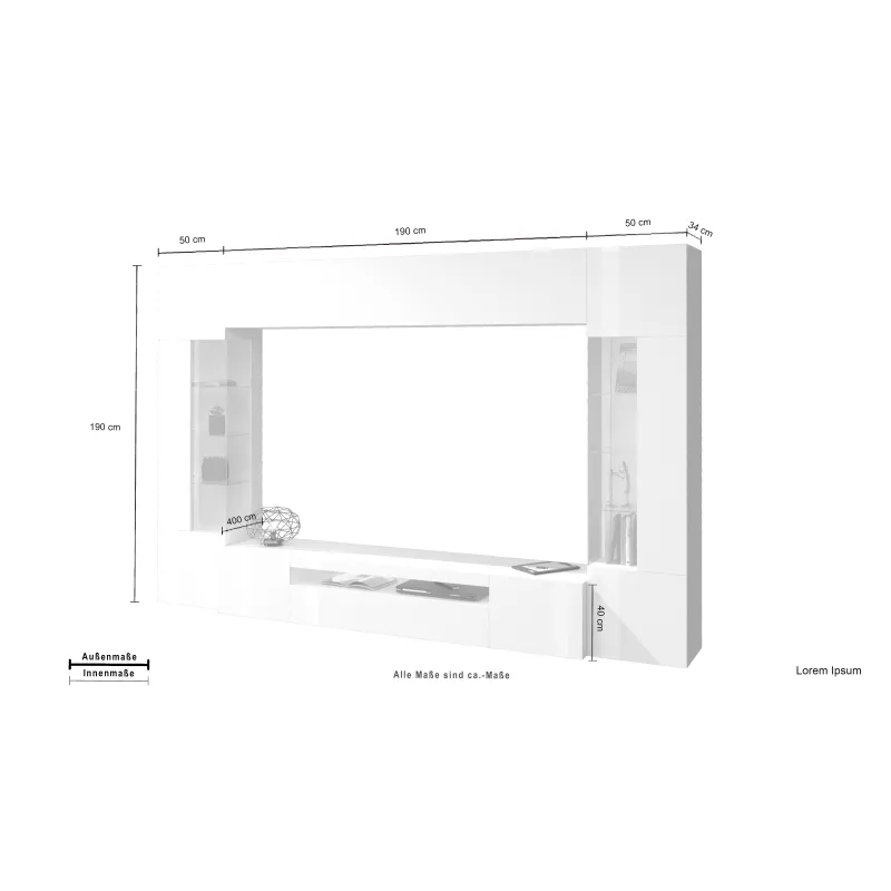 Parete Attrezzata 290x40x190 cm Bianco Laccato Lucido con Design Moderno per Zona Giorno - Tunisy