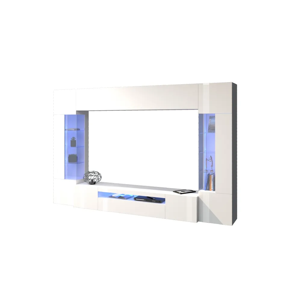 Parete Attrezzata 290x40x190 cm Bianco Laccato Lucido con Design Moderno per Zona Giorno - Tunisy