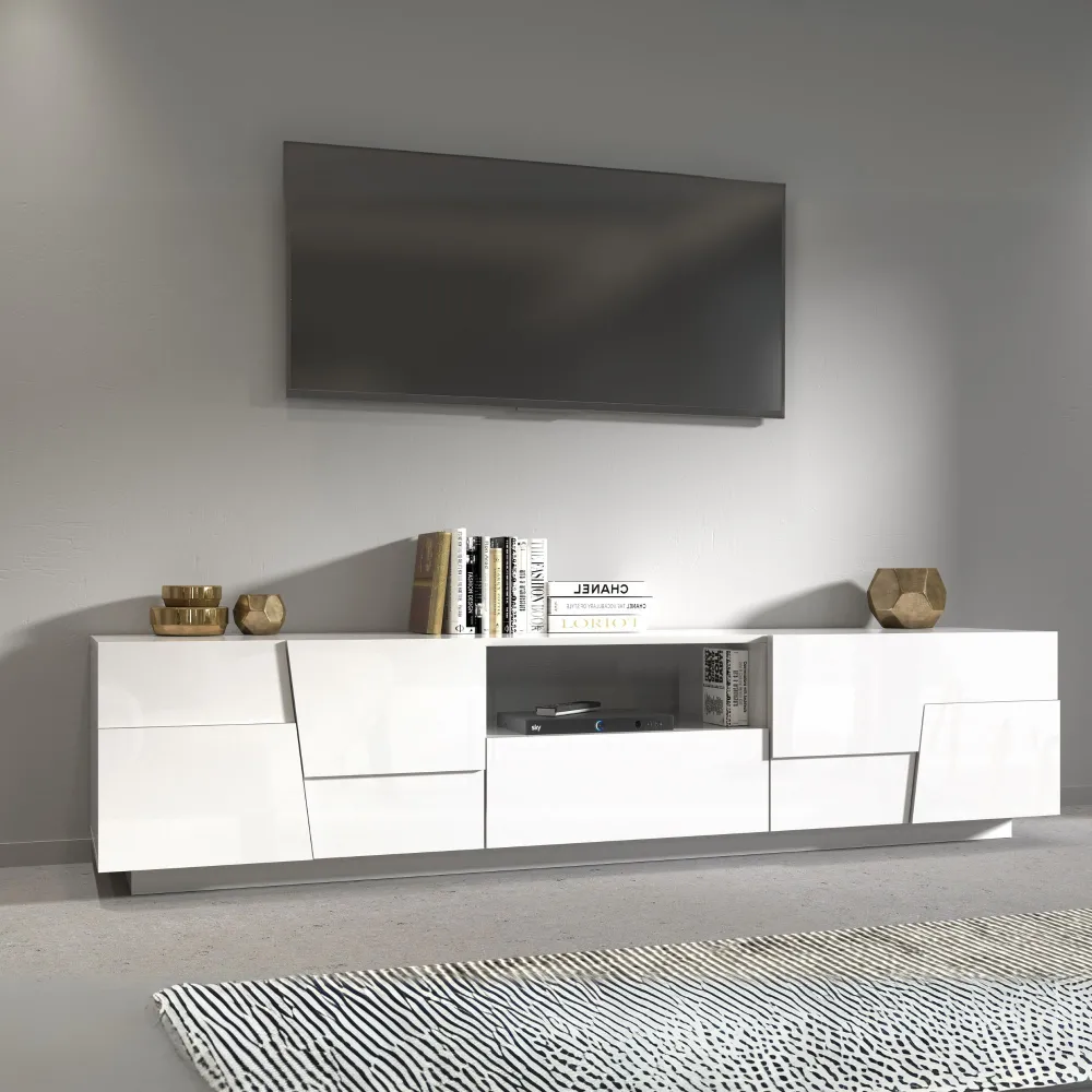 Porta TV 220 cm Bianco Laccato Lucido con Design Moderno per Zona Giorno - Urban