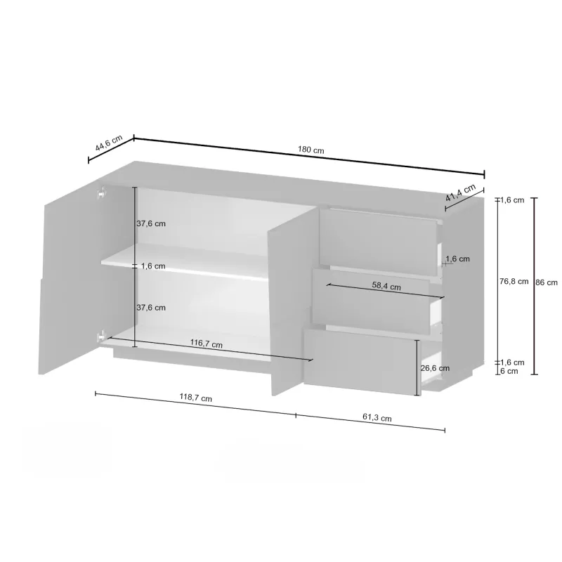 Credenza Zona Giorno L.180xP.44xH.86 cm Antracite Opaco con Design Moderno - Urban