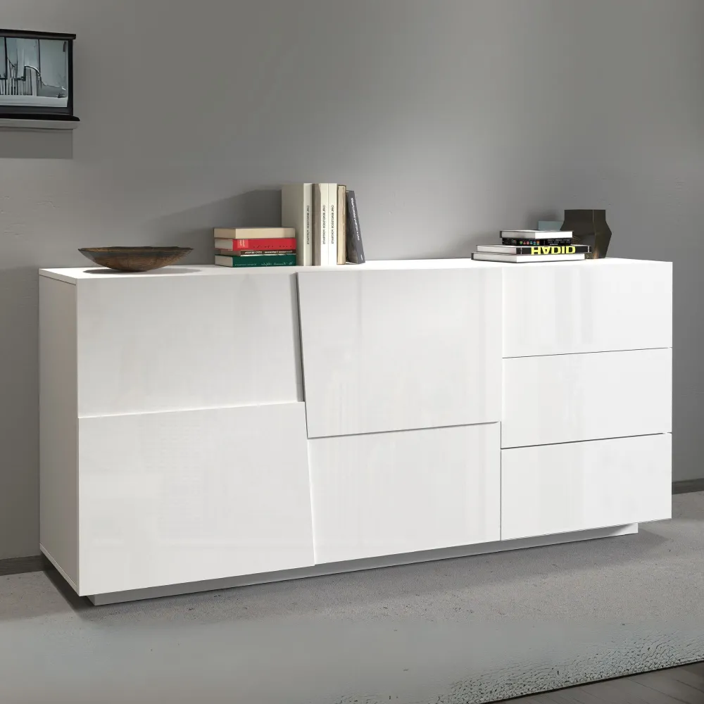 Credenza L.180 cm Bianco Laccato Lucido con Design Moderno per Zona Giorno - Urban