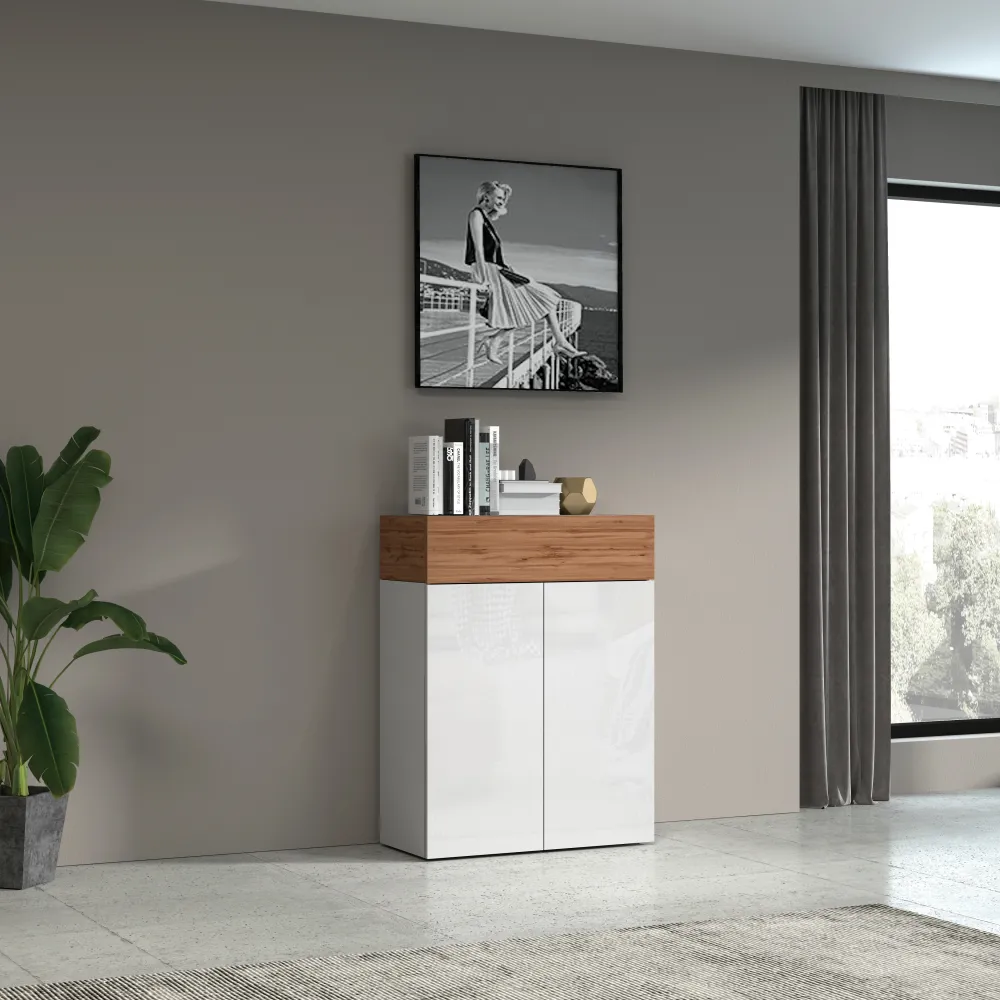 Scarpiera 76x35x100 cm Bianco Laccato Lucido/Rovere Wotan con Design Moderno - Velvet