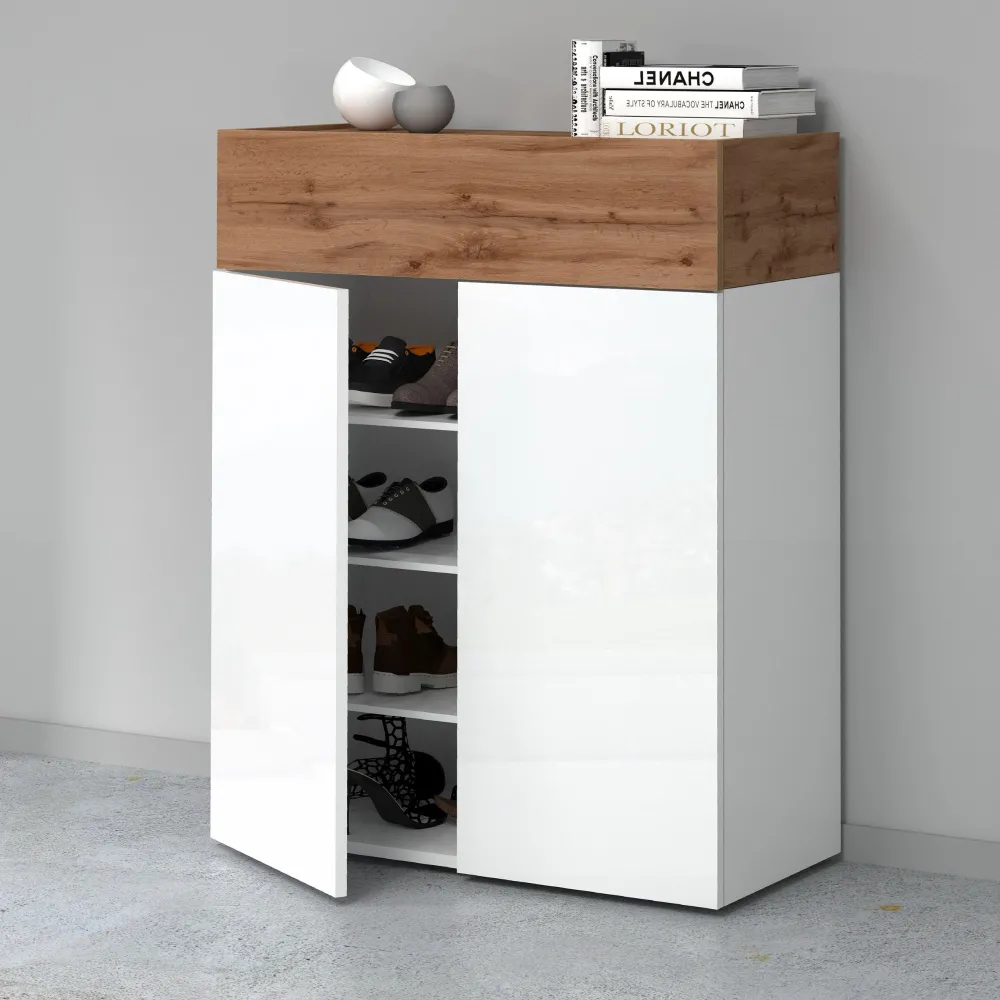 Scarpiera 76x35x100 cm Bianco Laccato Lucido/Rovere Wotan con Design Moderno - Velvet 2