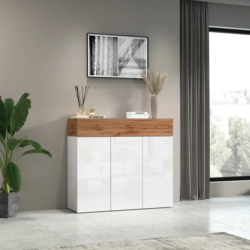 Scarpiera 114x35x100 cm Bianco Laccato Lucido/Rovere Wotan con Design Moderno - Velvet