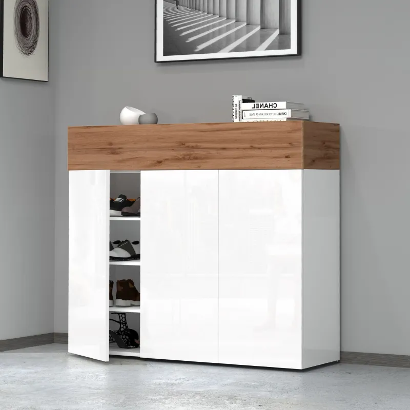 Scarpiera 114x35x100 cm Bianco Laccato Lucido/Rovere Wotan con Design Moderno - Velvet