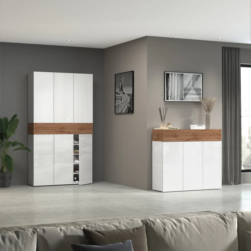 Scarpiera 114x35x100 cm Bianco Laccato Lucido/Rovere Wotan con Design Moderno - Velvet