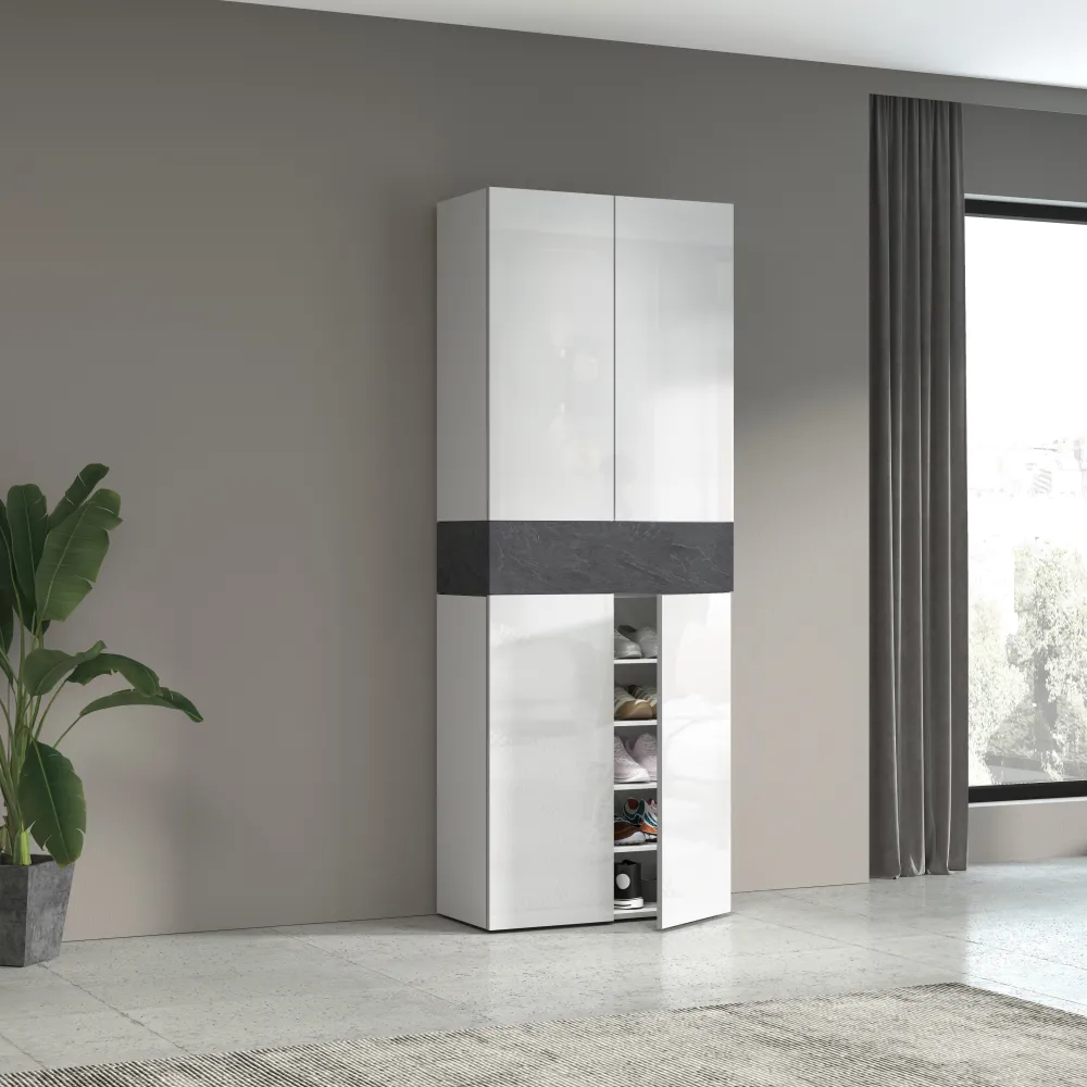 Scarpiera L.76xP.35xH.200 cm Bianco Laccato Lucido con Report Elegante e Funzionale - Velvet