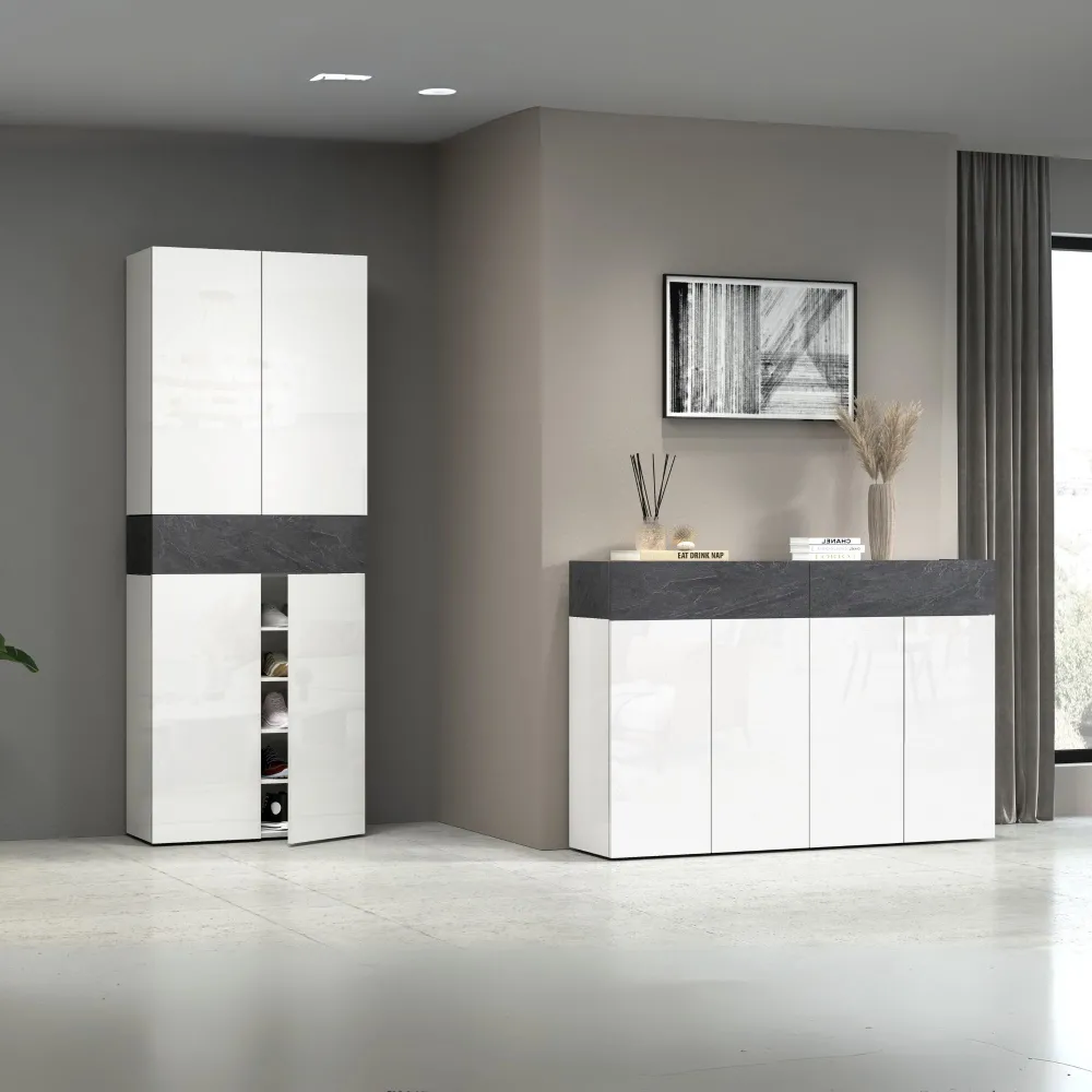 Scarpiera L.76xP.35xH.200 cm Bianco Laccato Lucido con Report Elegante e Funzionale - Velvet