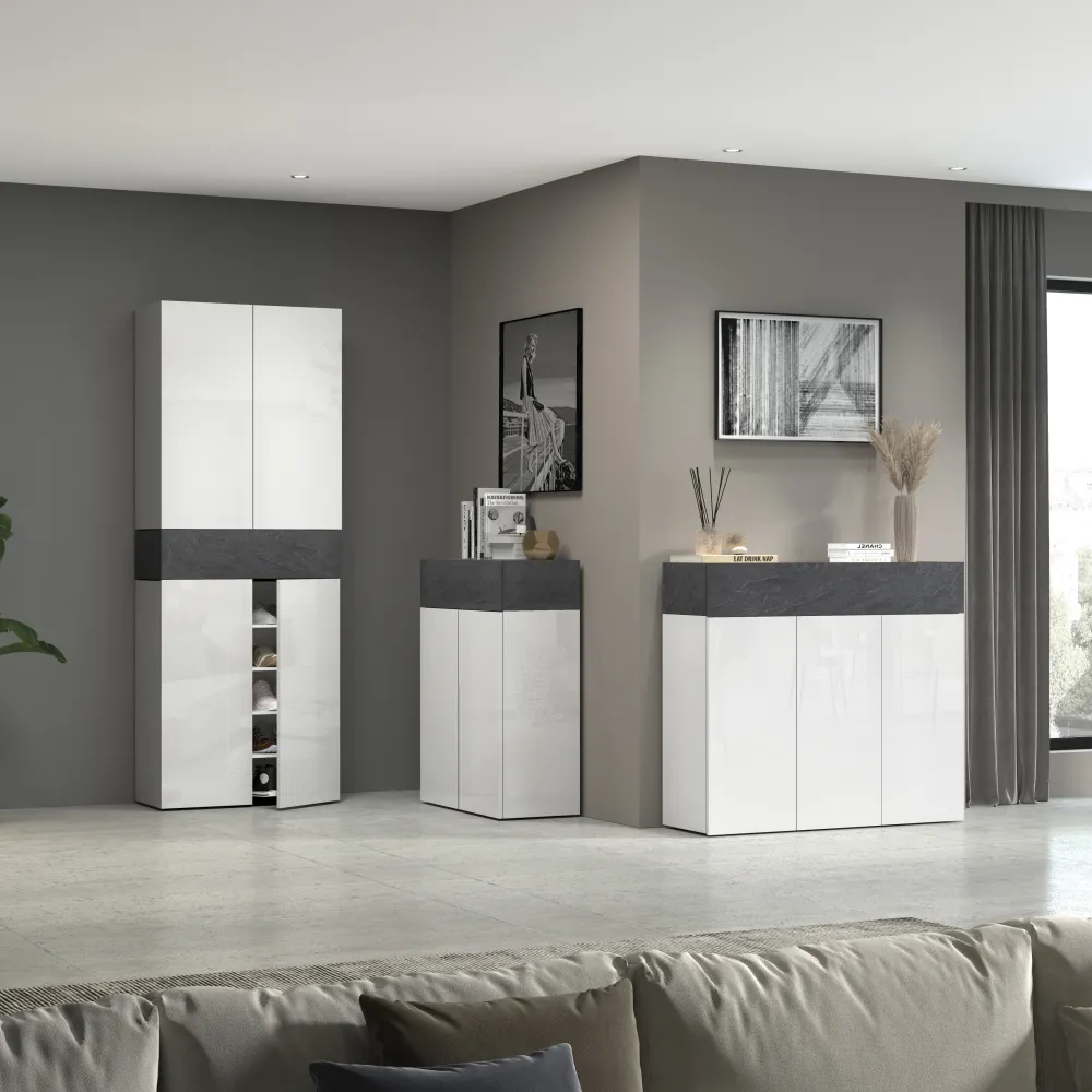 Scarpiera L.76xP.35xH.200 cm Bianco Laccato Lucido con Report Elegante e Funzionale - Velvet