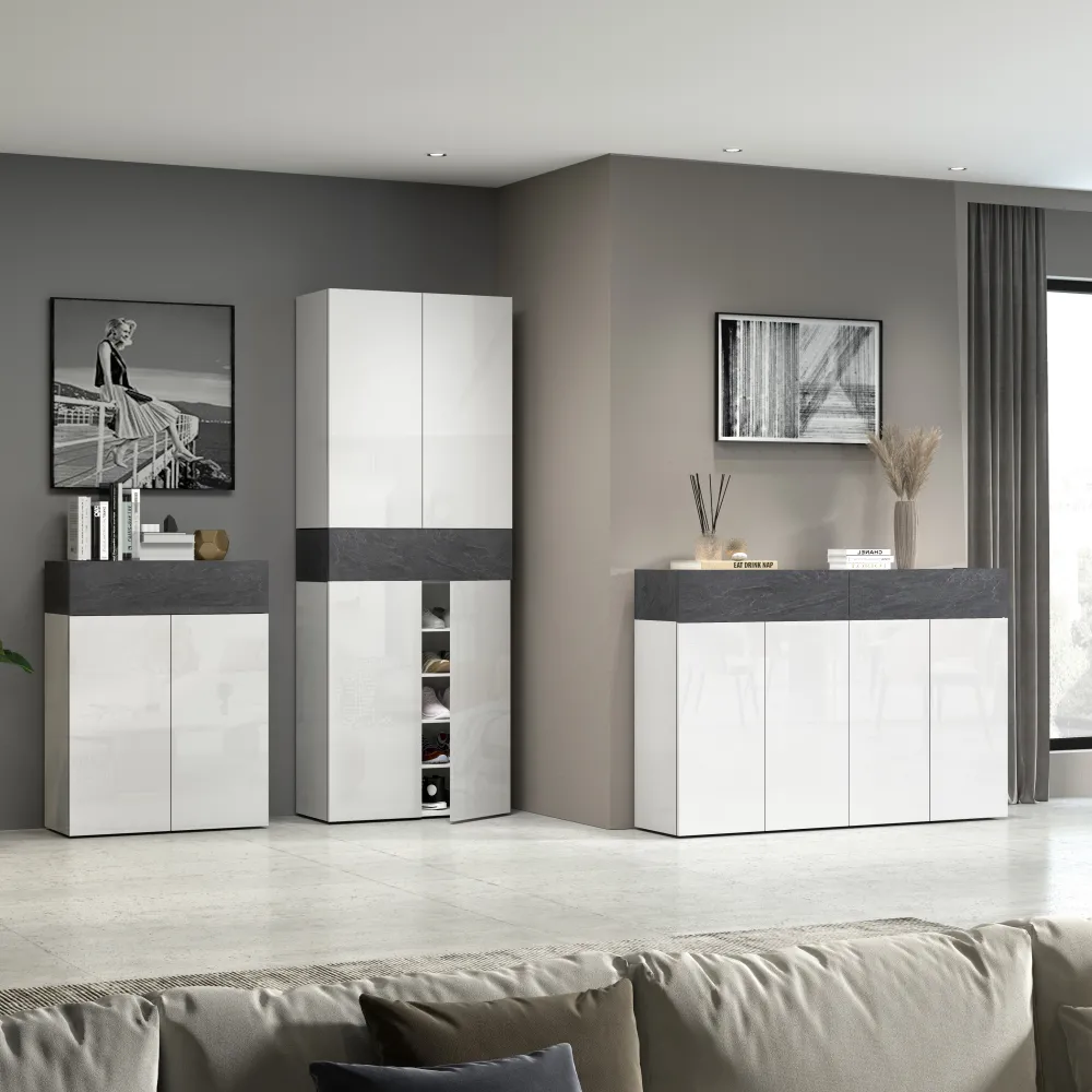 Scarpiera L.76xP.35xH.200 cm Bianco Laccato Lucido con Report Elegante e Funzionale - Velvet