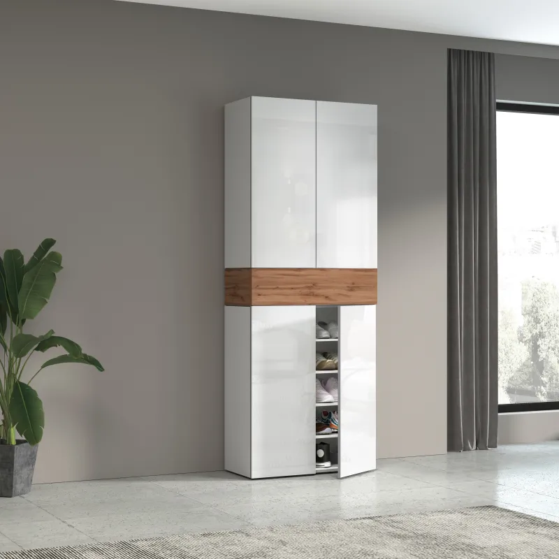 Scarpiera 76x35x200 cm Bianco Laccato Lucido/Rovere Wotan con Design Moderno - Velvet