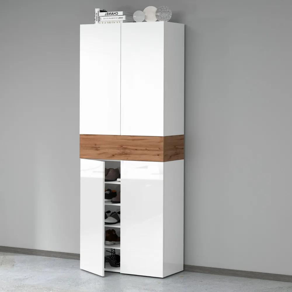 Scarpiera 76x35x200 cm Bianco Laccato Lucido/Rovere Wotan con Design Moderno - Velvet