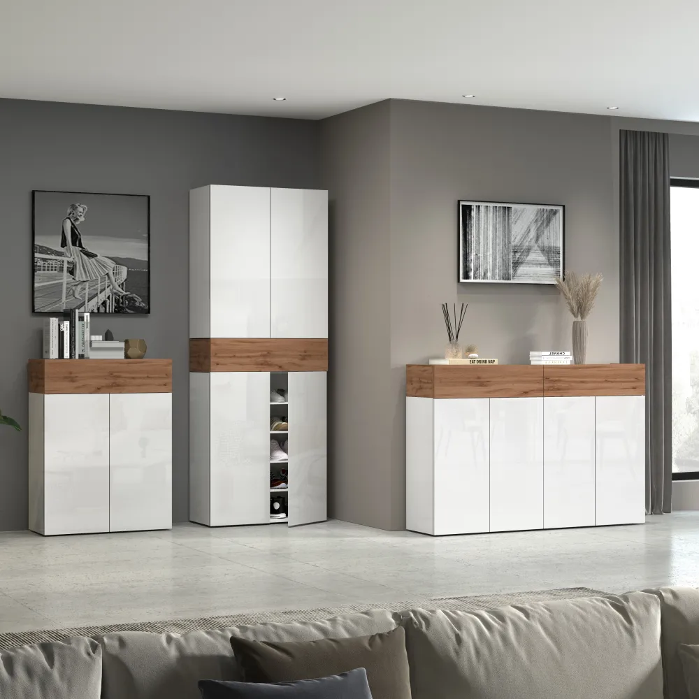 Scarpiera 76x35x200 cm Bianco Laccato Lucido/Rovere Wotan con Design Moderno - Velvet