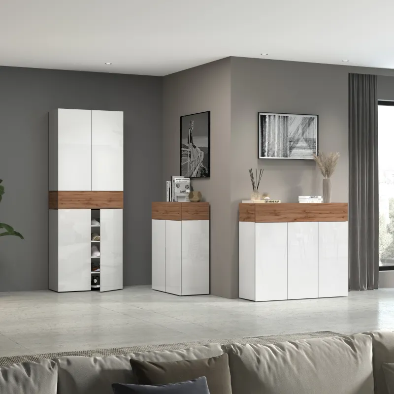 Scarpiera 76x35x200 cm Bianco Laccato Lucido/Rovere Wotan con Design Moderno - Velvet