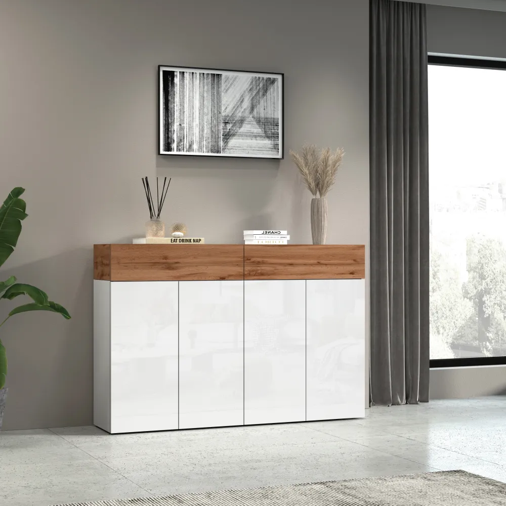 Scarpiera 152x35x100 cm Bianco Laccato Lucido/Rovere Wotan con Design Moderno - Velvet