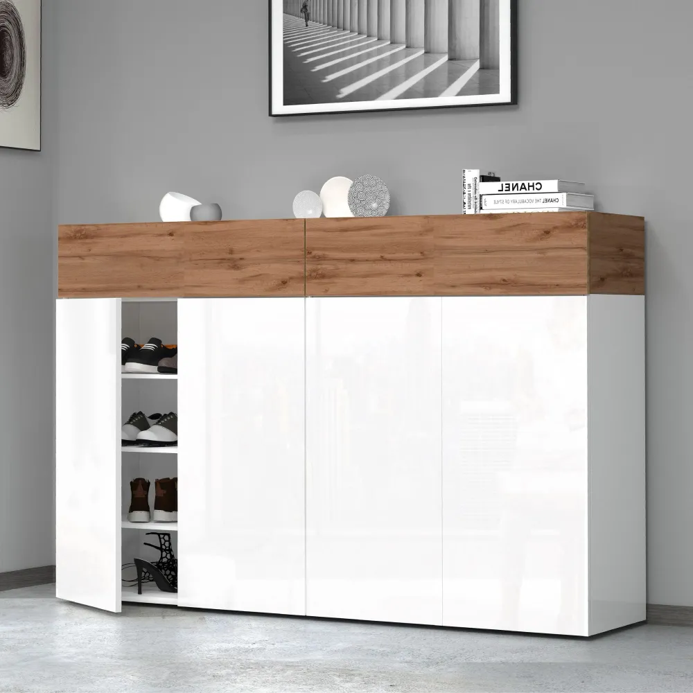 Scarpiera 152x35x100 cm Bianco Laccato Lucido/Rovere Wotan con Design Moderno - Velvet 2