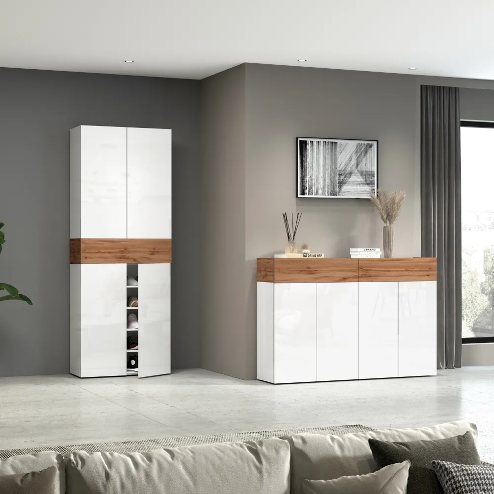 Scarpiera 152x35x100 cm Bianco Laccato Lucido/Rovere Wotan con Design Moderno - Velvet