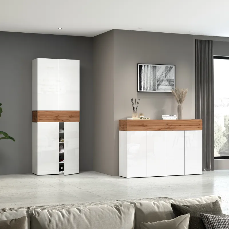 Scarpiera 152x35x100 cm Bianco Laccato Lucido/Rovere Wotan con Design Moderno - Velvet