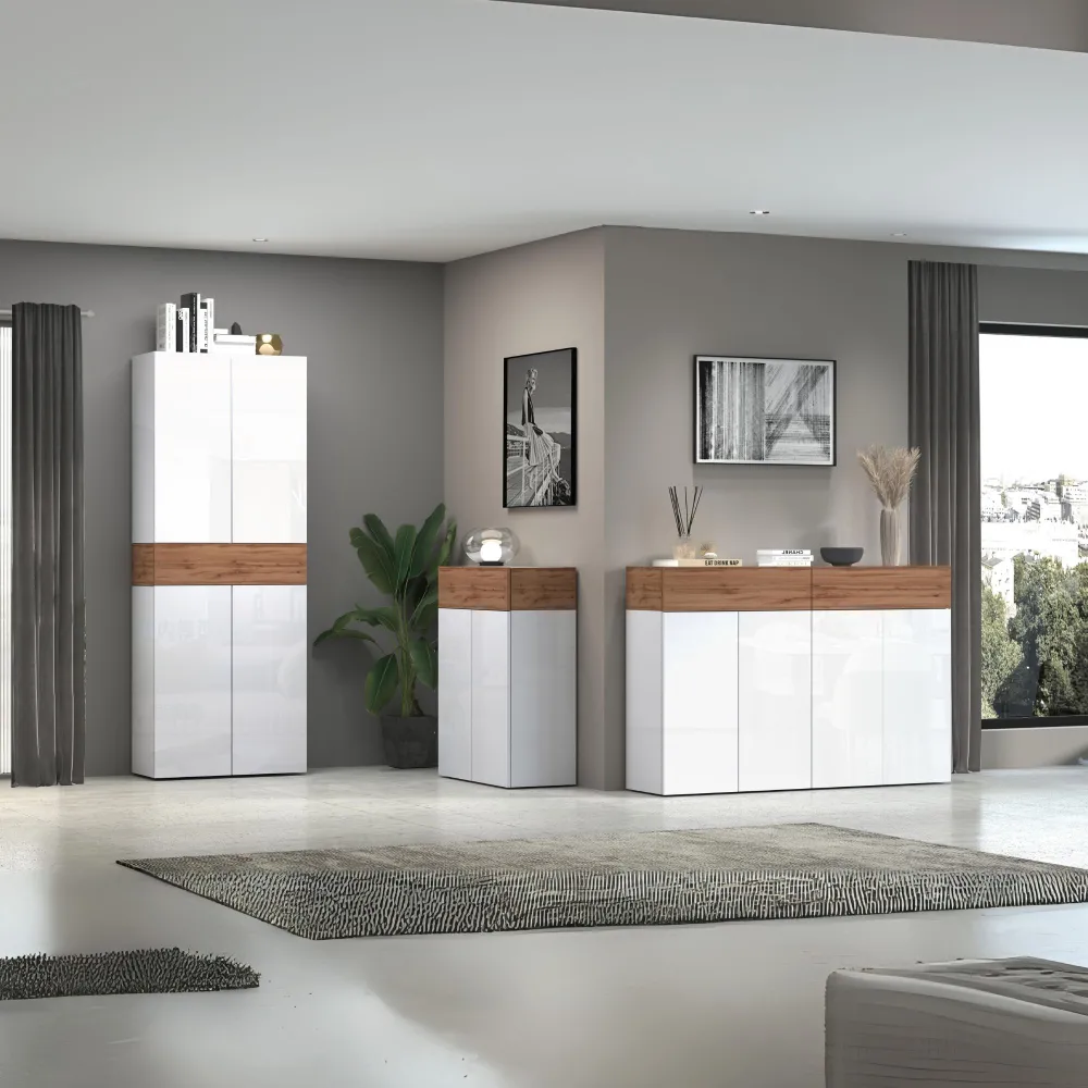 Scarpiera 152x35x100 cm Bianco Laccato Lucido/Rovere Wotan con Design Moderno - Velvet