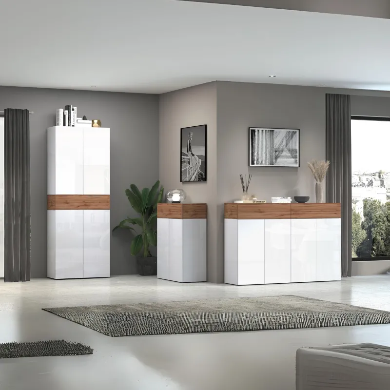 Scarpiera 152x35x100 cm Bianco Laccato Lucido/Rovere Wotan con Design Moderno - Velvet