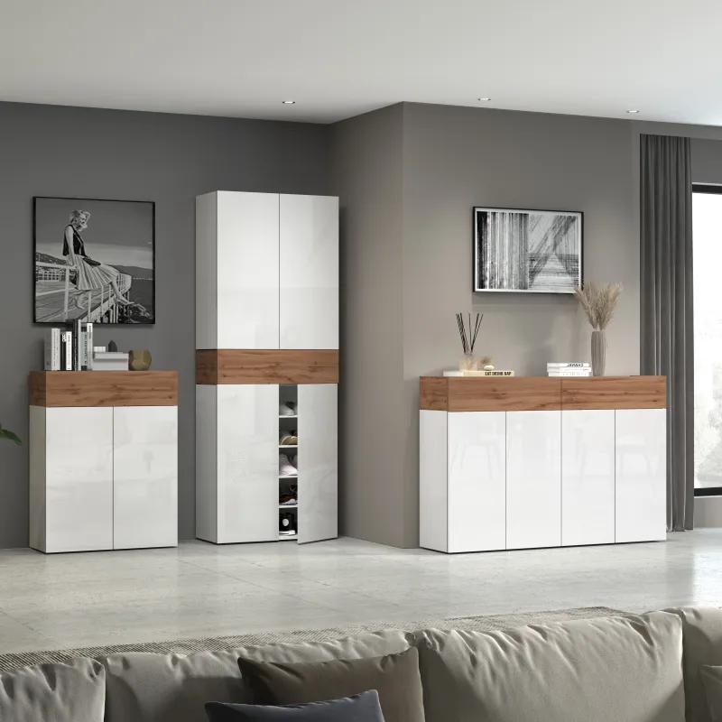 Scarpiera 152x35x100 cm Bianco Laccato Lucido/Rovere Wotan con Design Moderno - Velvet