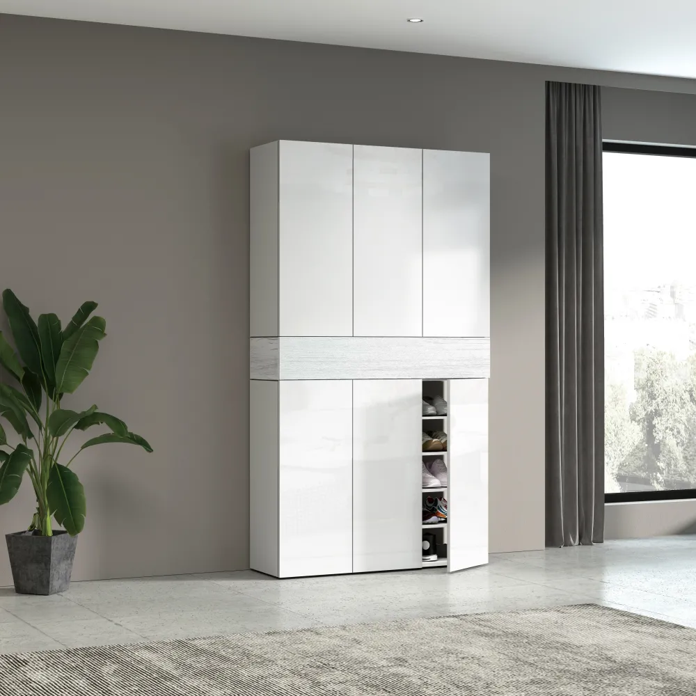 Scarpiera 114x35x200 cm Bianco Laccato Lucido con Dettagli Larice: Eleganza e Funzionalità - Velvet