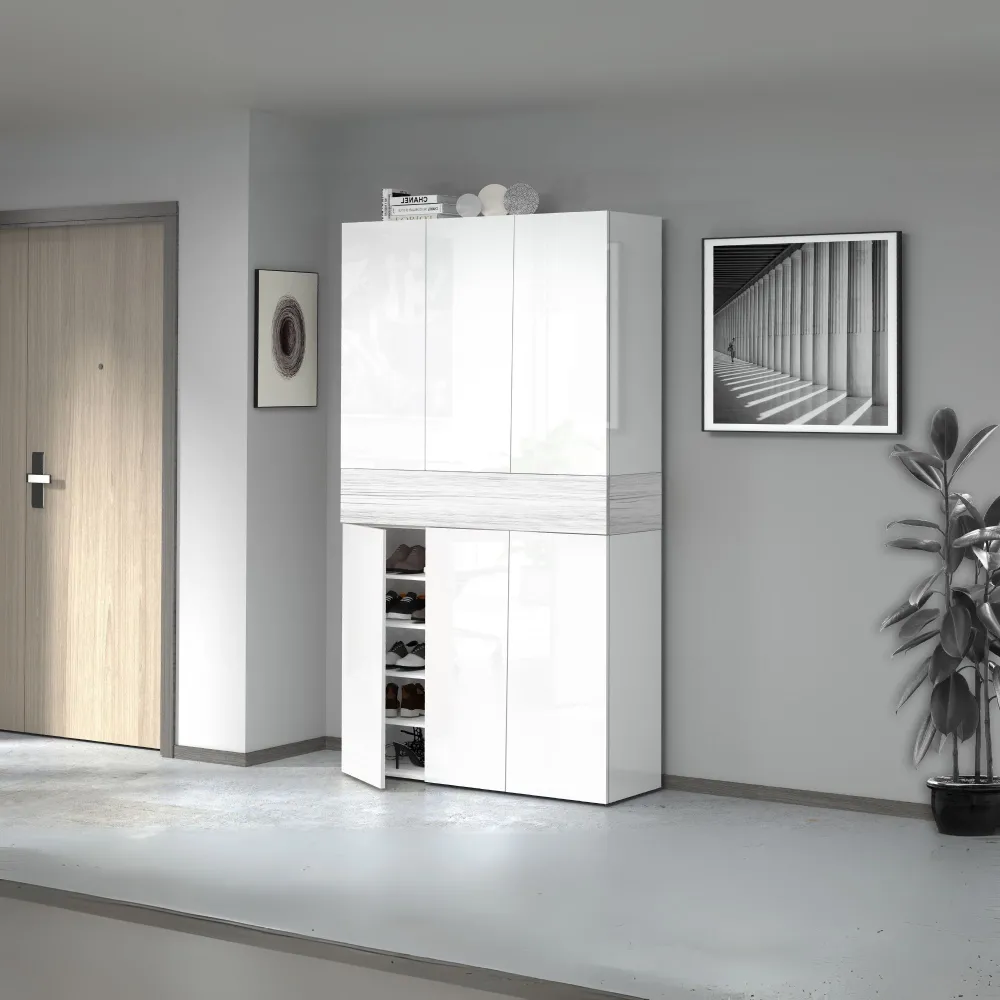 Scarpiera 114x35x200 cm Bianco Laccato Lucido con Dettagli Larice: Eleganza e Funzionalità - Velvet